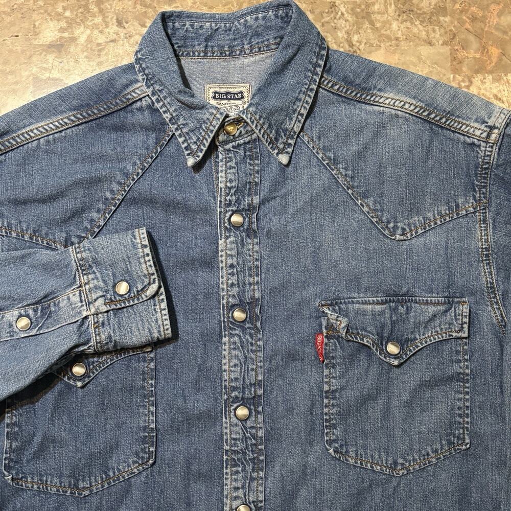Vintage Sanforized Denim Shirt Mens Small Blue Pearl Snap Big Star Union Made